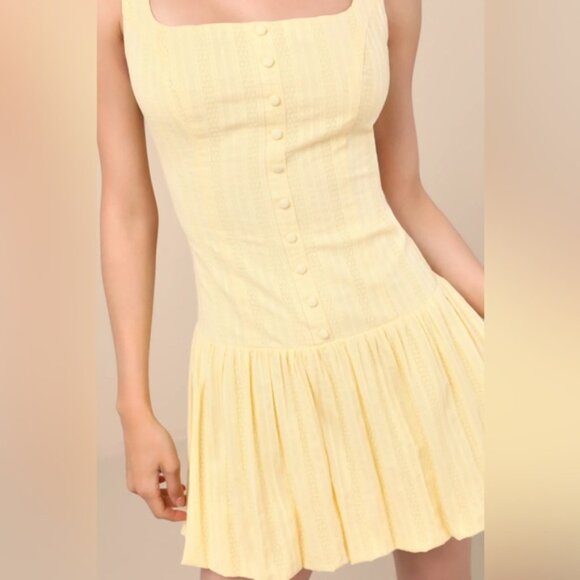 Lulus Khamari Yellow Textured Drop Waist Bubble-HemMini Dress - Picture 4 of 9